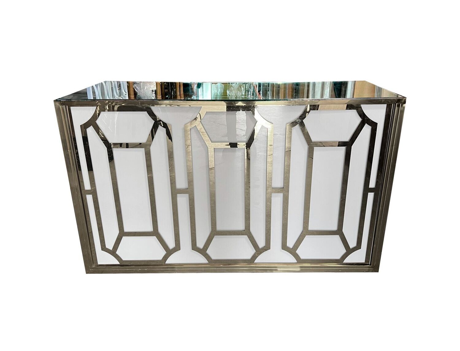 8ft Silver Geo Design Bar w/White PlexiGlass Background and Mirror Top