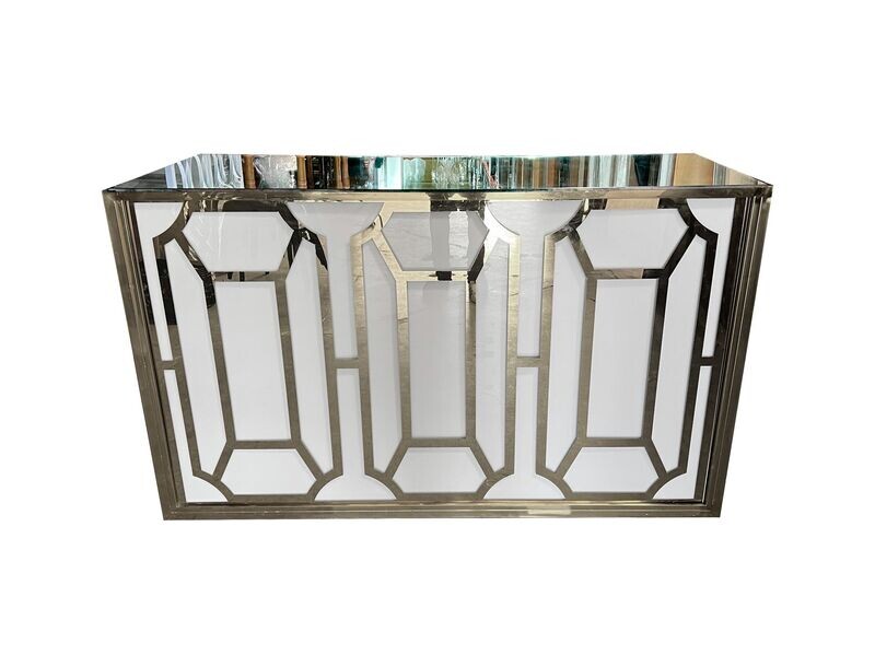 6ft Silver Geo Design Bar w/White PlexiGlass Background and Mirror Top