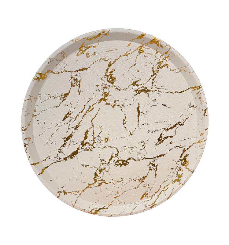 14 Inch Round White and Gold Marble Tray