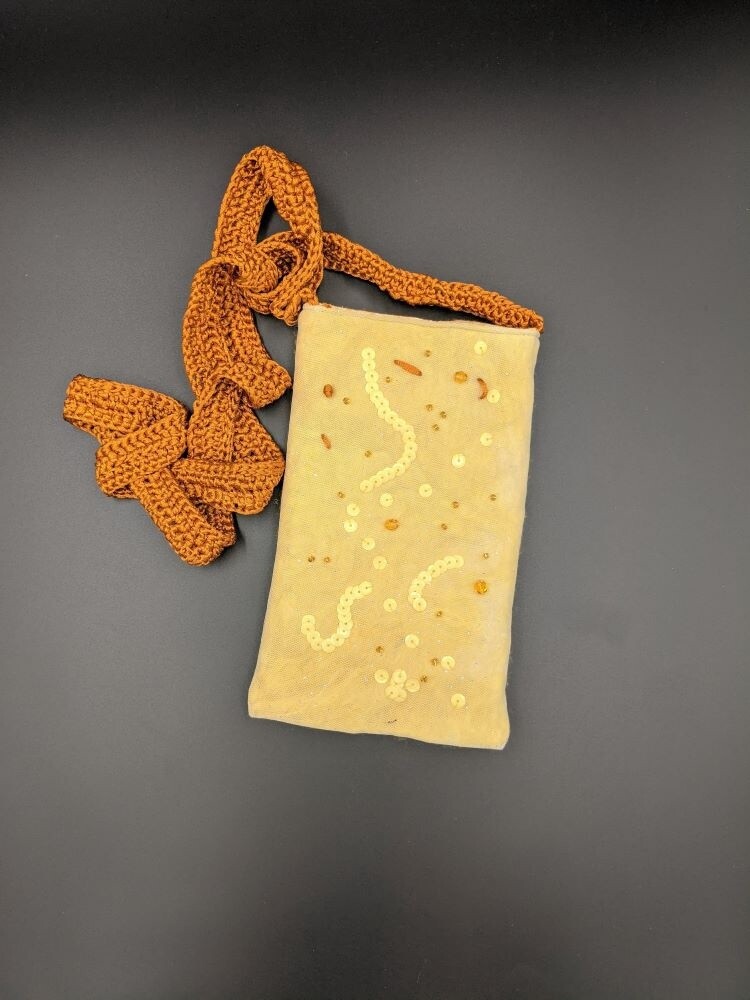 Yellow wool and net beaded phone pouch
