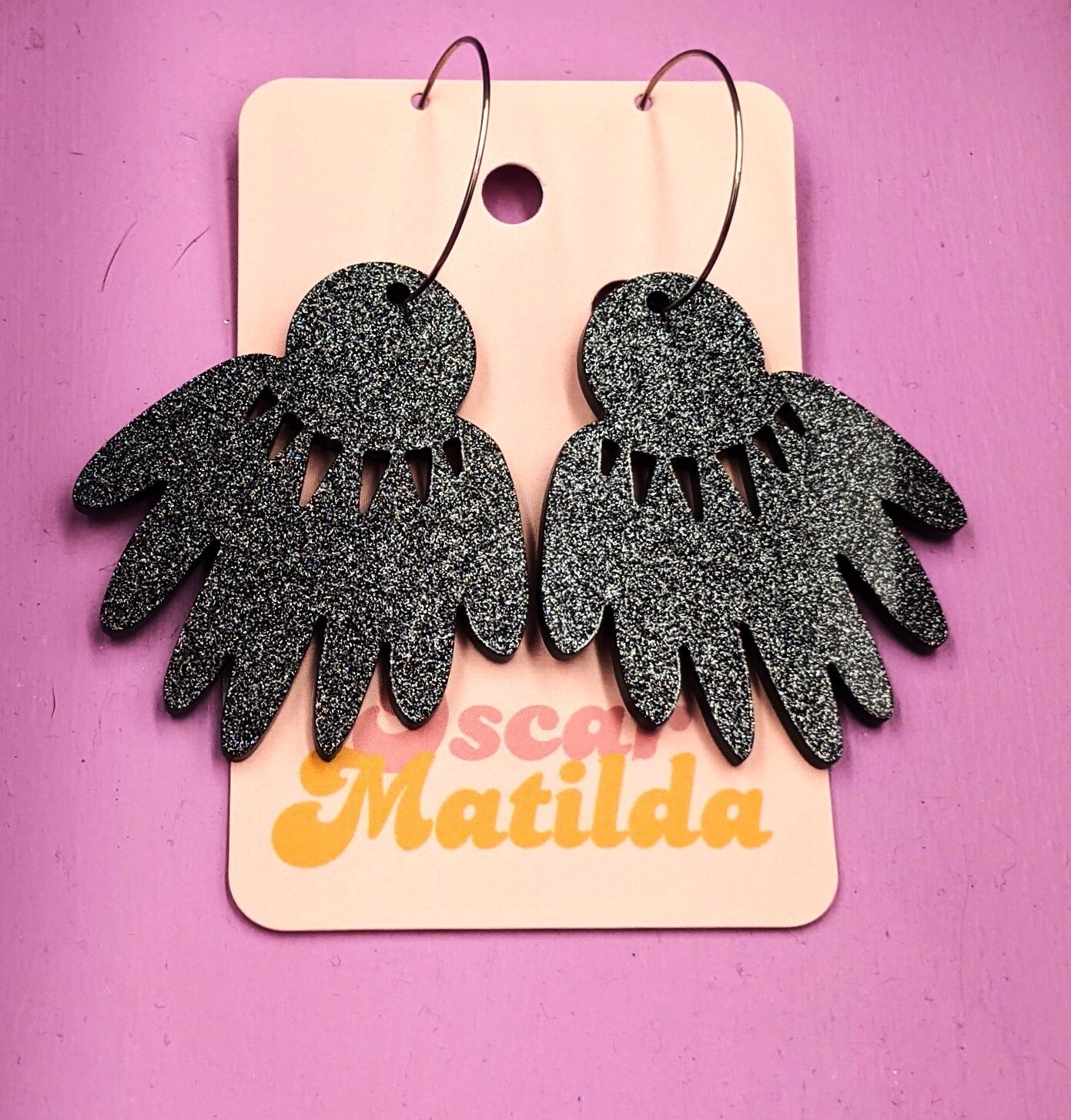Black Daisy Flower Plant Hoop Earrings