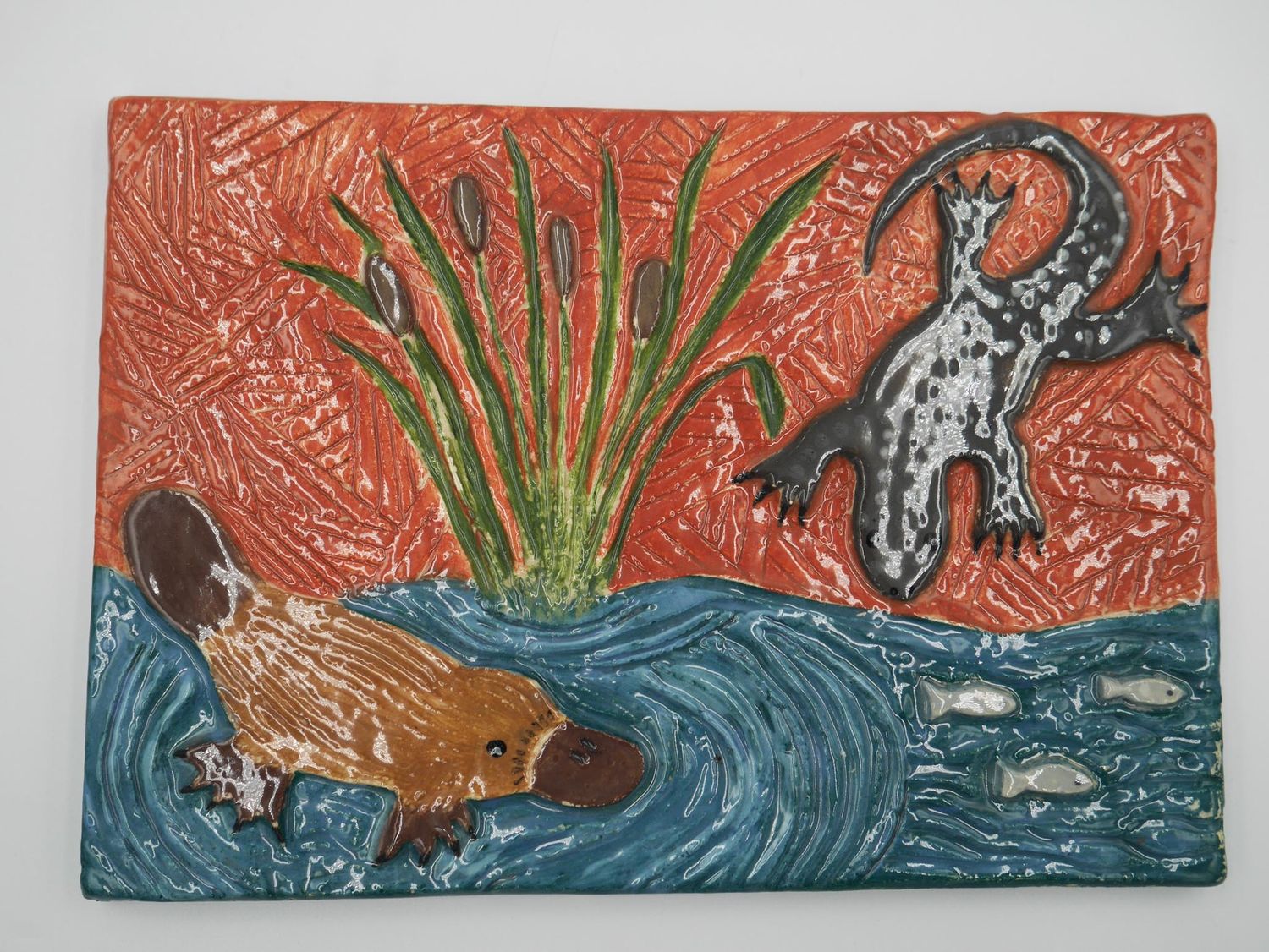 Aunty Michelle- Tiles with Platypus,Lizard, Fish and Creek