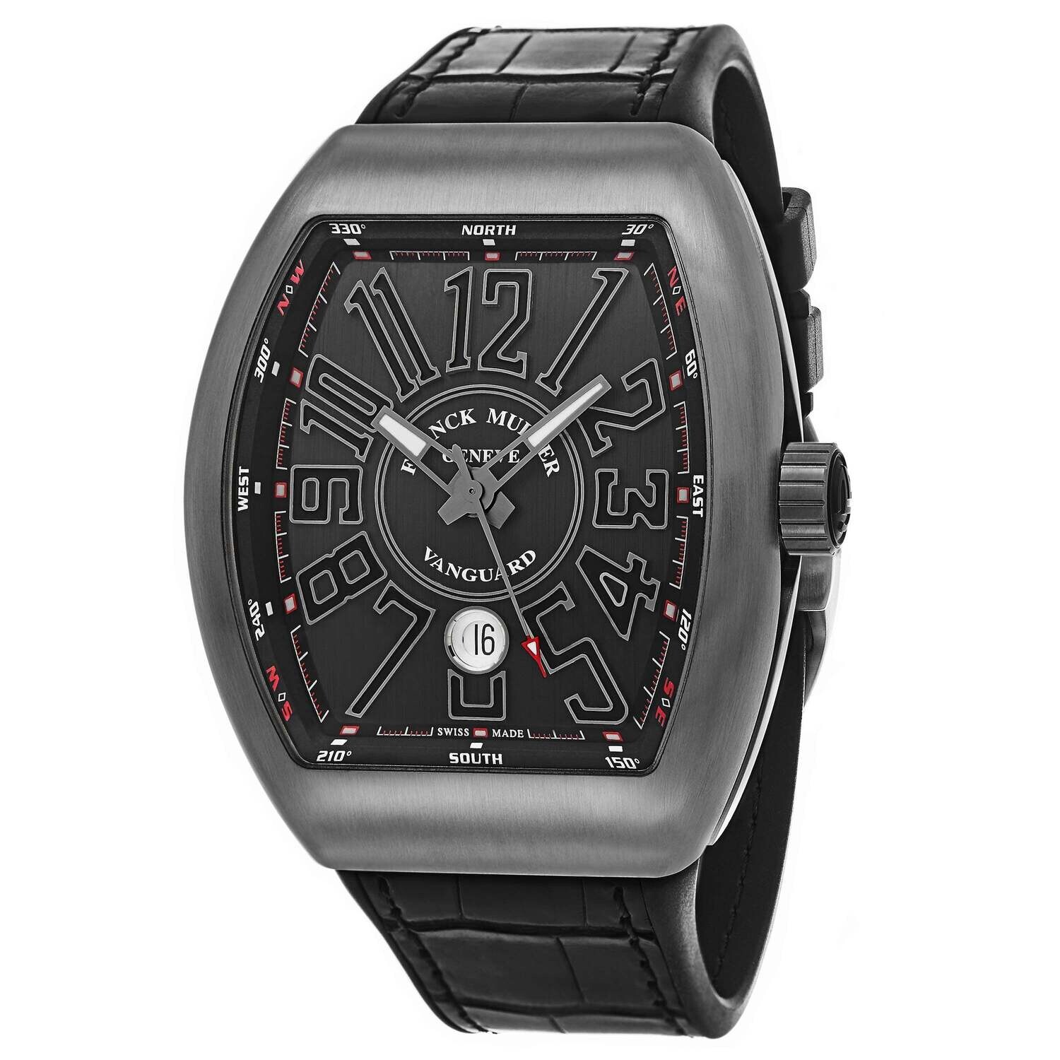 Franck Muller 45SCTTBRNRBLKWH 'Vanguard' Black Dial Black Leather Strap Swiss Automatic Watch