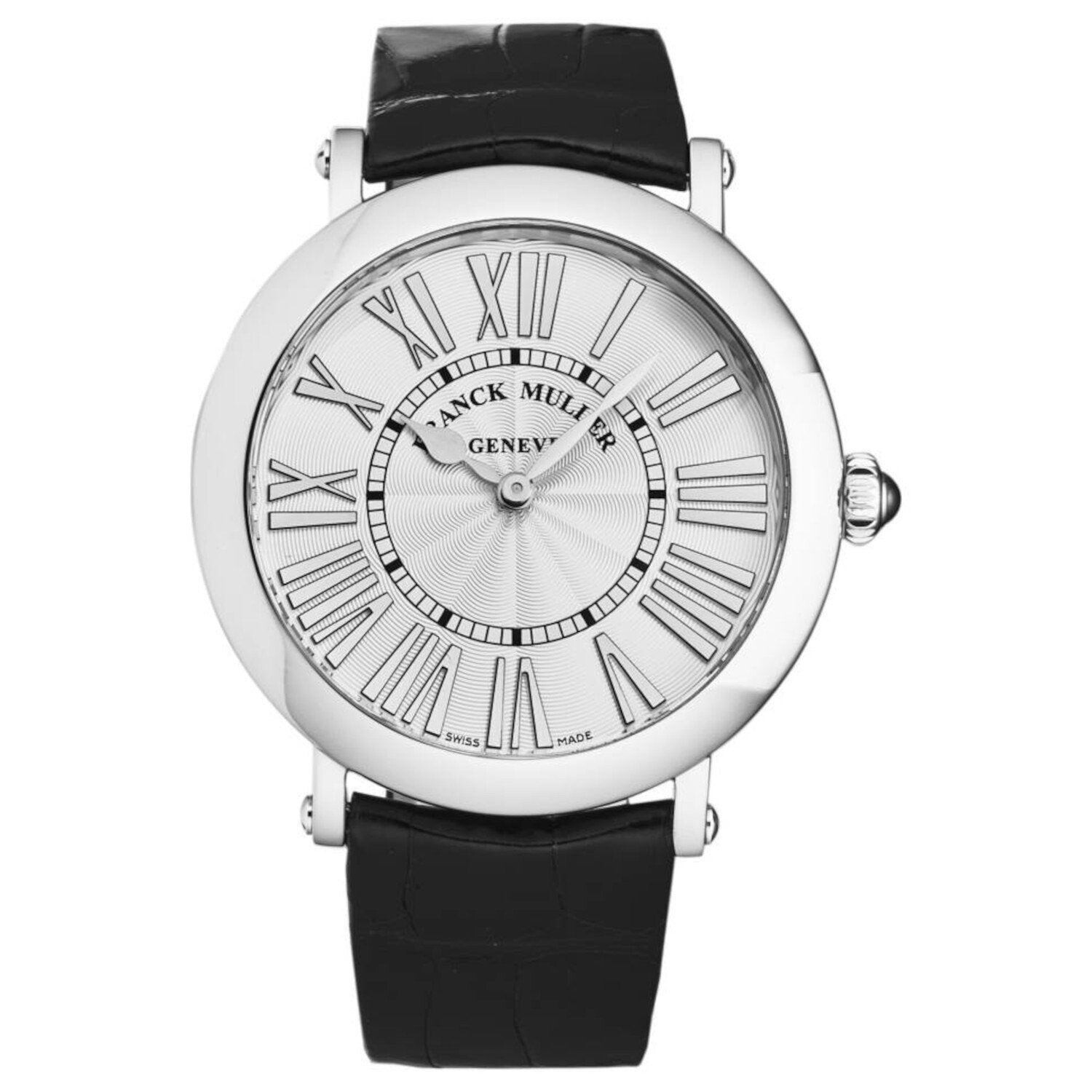 Franck Muller Women's 8038QZRELRACSIL 'Round' Silver Dial Black Leather Strap Swiss Quartz Watch