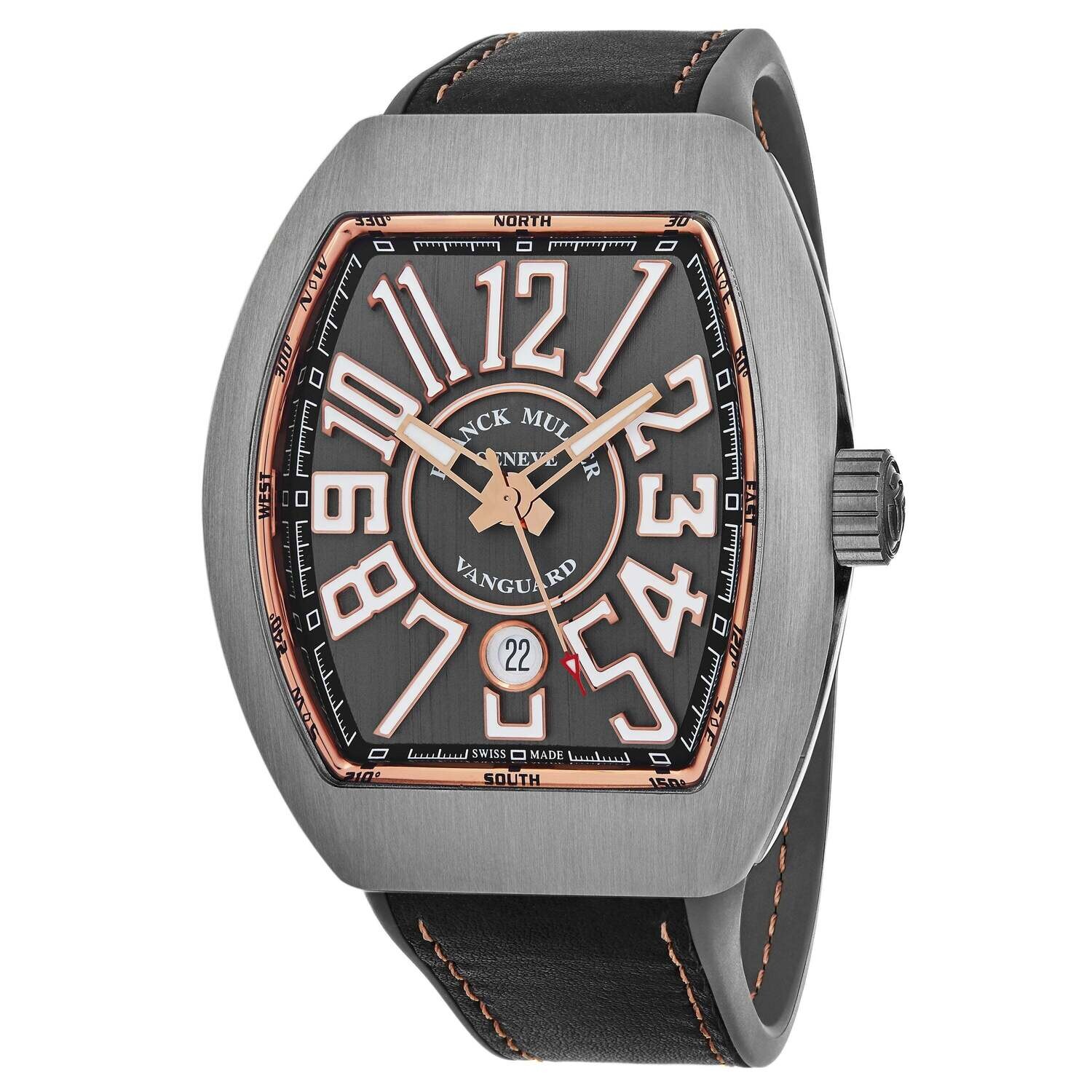 Franck Muller Men's 45SCBLKBLKGRY 'Vanguard' Grey Dial Grey Leather/Rubber Strap Titanium/Rose Gold Automatic Watch