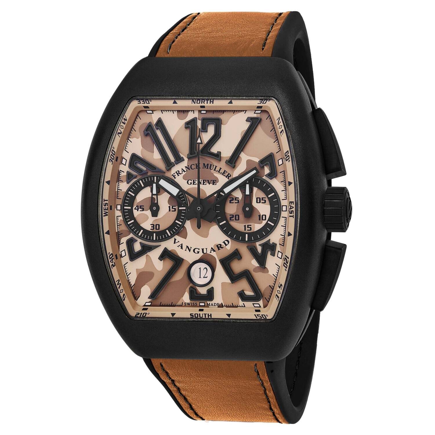 Franck Muller Men's 45CCCAMSND 'Vanguard Camouflage' Beige Dial Beige Leather Strap Chronograph Swiss Automatic Watch