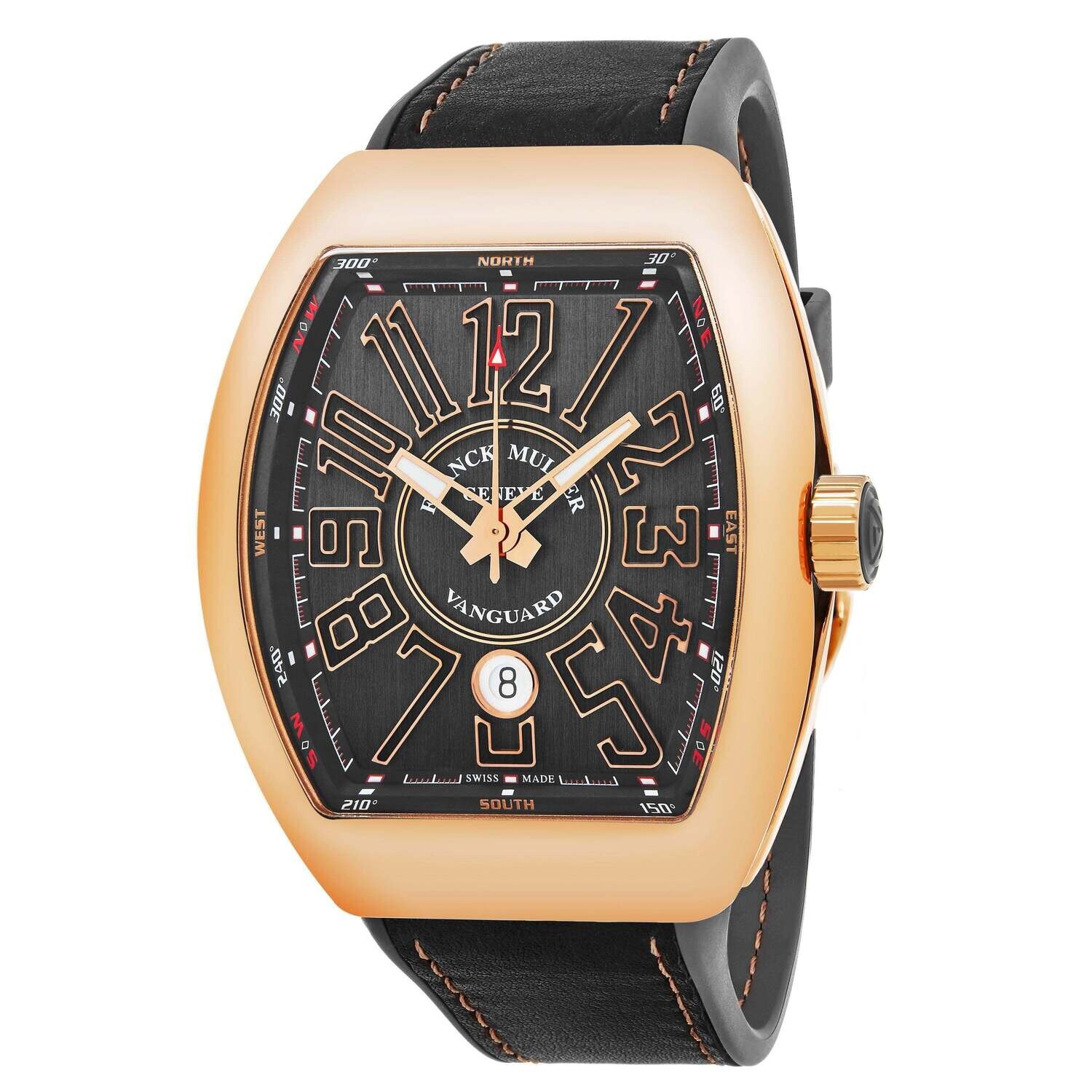 Franck Muller 45SCGLDGRYGLD 'Vanguard' Grey Dial Grey Leather Strap Rose Gold Swiss Automatic Watch