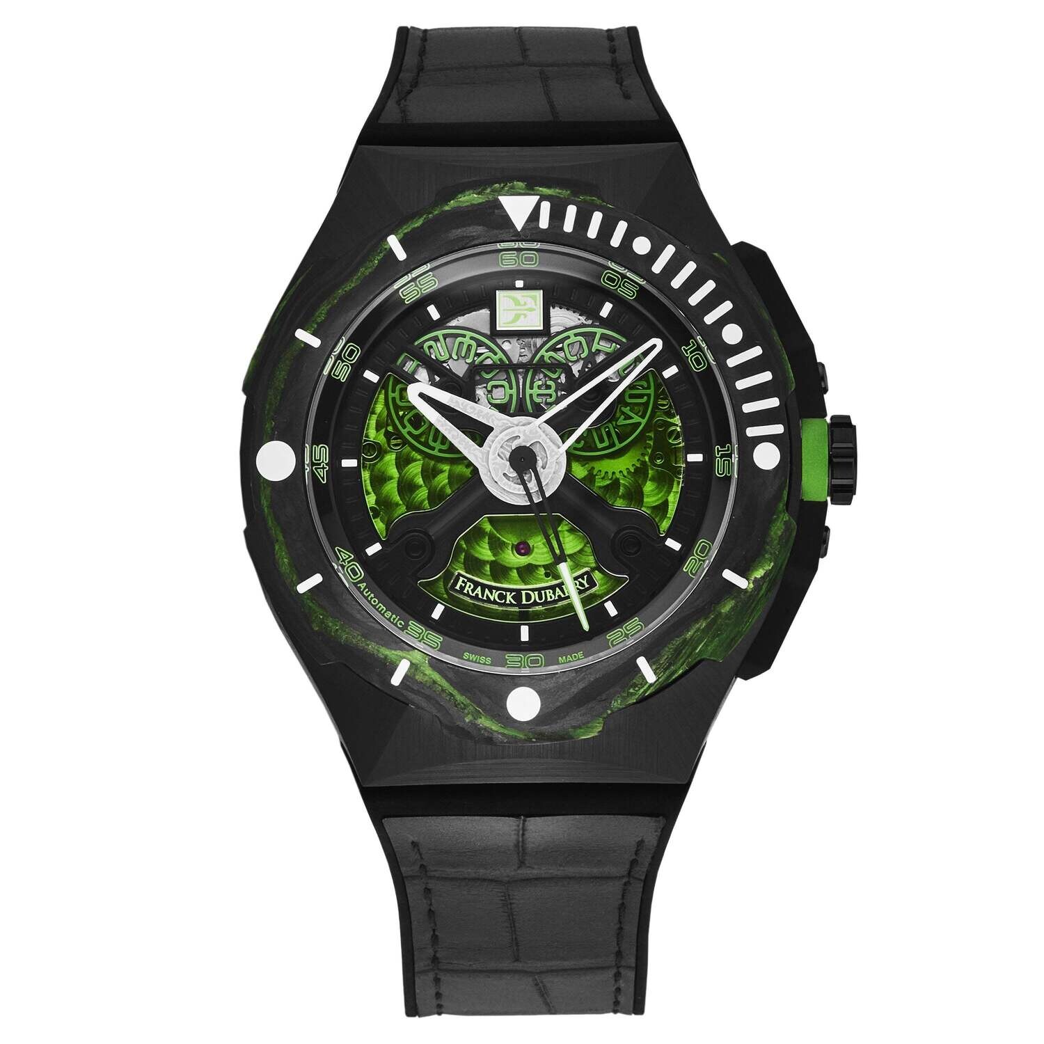 Franck Dubarry Men's 'Diver' Big Date Green Dial Black Rubber Strap Automatic Watch DIV-04