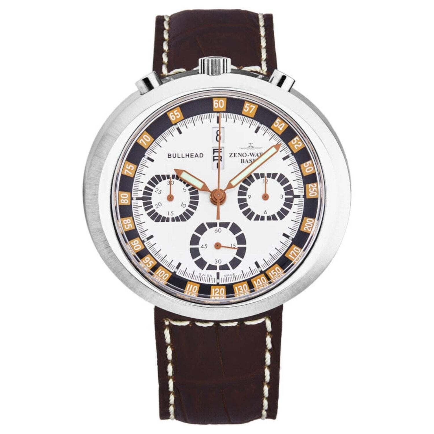 Zeno 3591-I26 Men's 'Bullhead' Chronograph Limited Edition White Dial Brown Leather Strap Automatic Watch