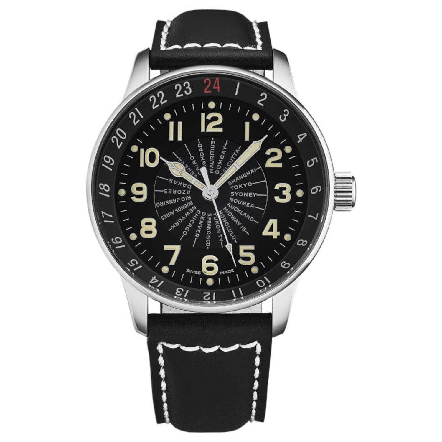 Zeno P554WT-A1 Men's 'Pilot' X-Large world timer Limited Edition Black Dial Black/White Leather Strap Automatic Watch