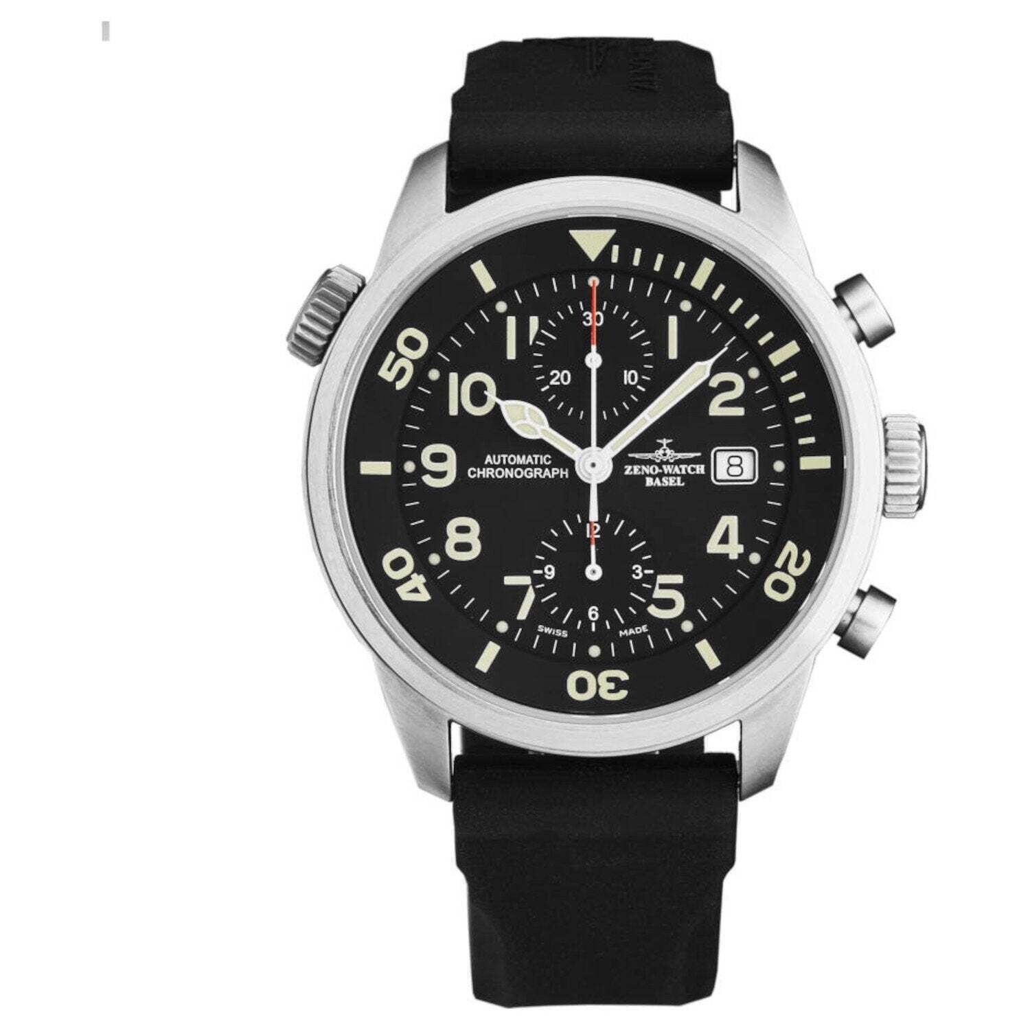 Zeno 6304BVD-A1 Men's 'Pilot Fellow' Bicompax Chrono Black Dial Black Silicon Strap Automatic Watch