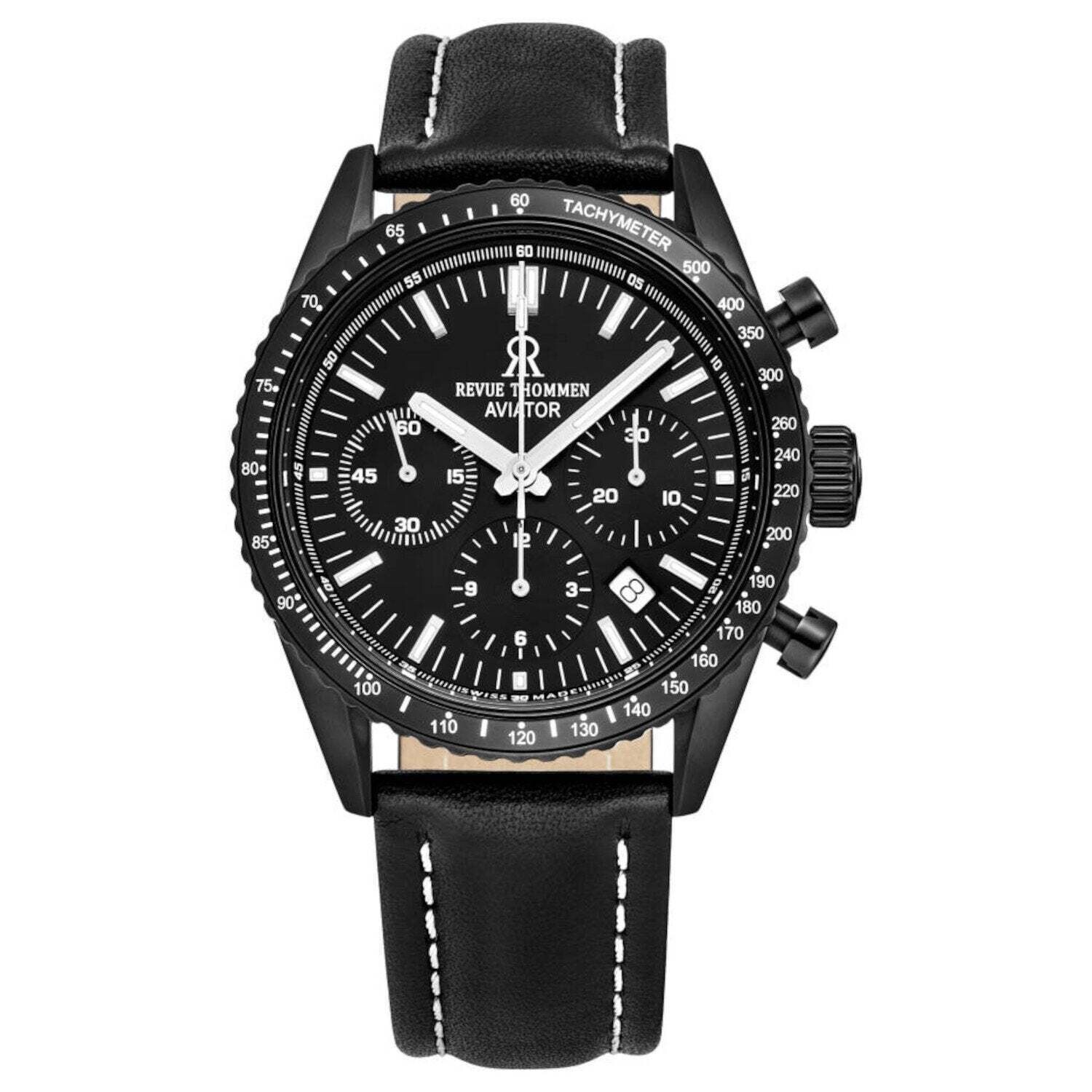 Revue Thommen 17000.6577 Men's 'Aviator' All Black Dial Leather Strap Chronograph Automatic Watch