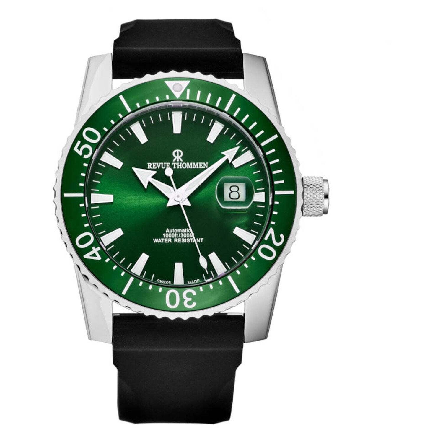 Revue Thommen 17030.2534 Men's 'Diver' Green Dial Rubber Strap Swiss Automatic Watch