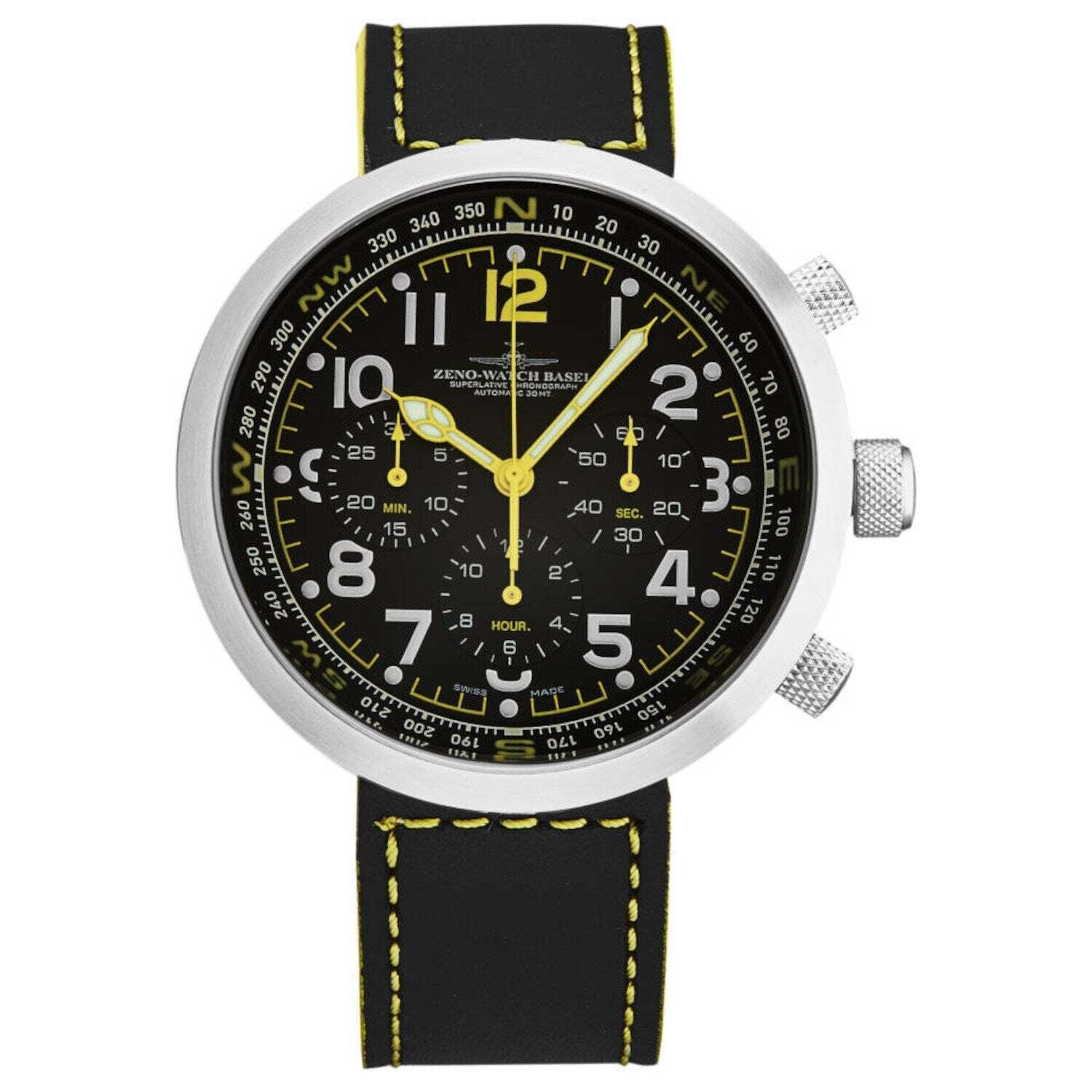 Zeno B560-A19 Men's 'Rondo' Chronograph Black Dial Black/Yellow Leather Strap Automatic Watch