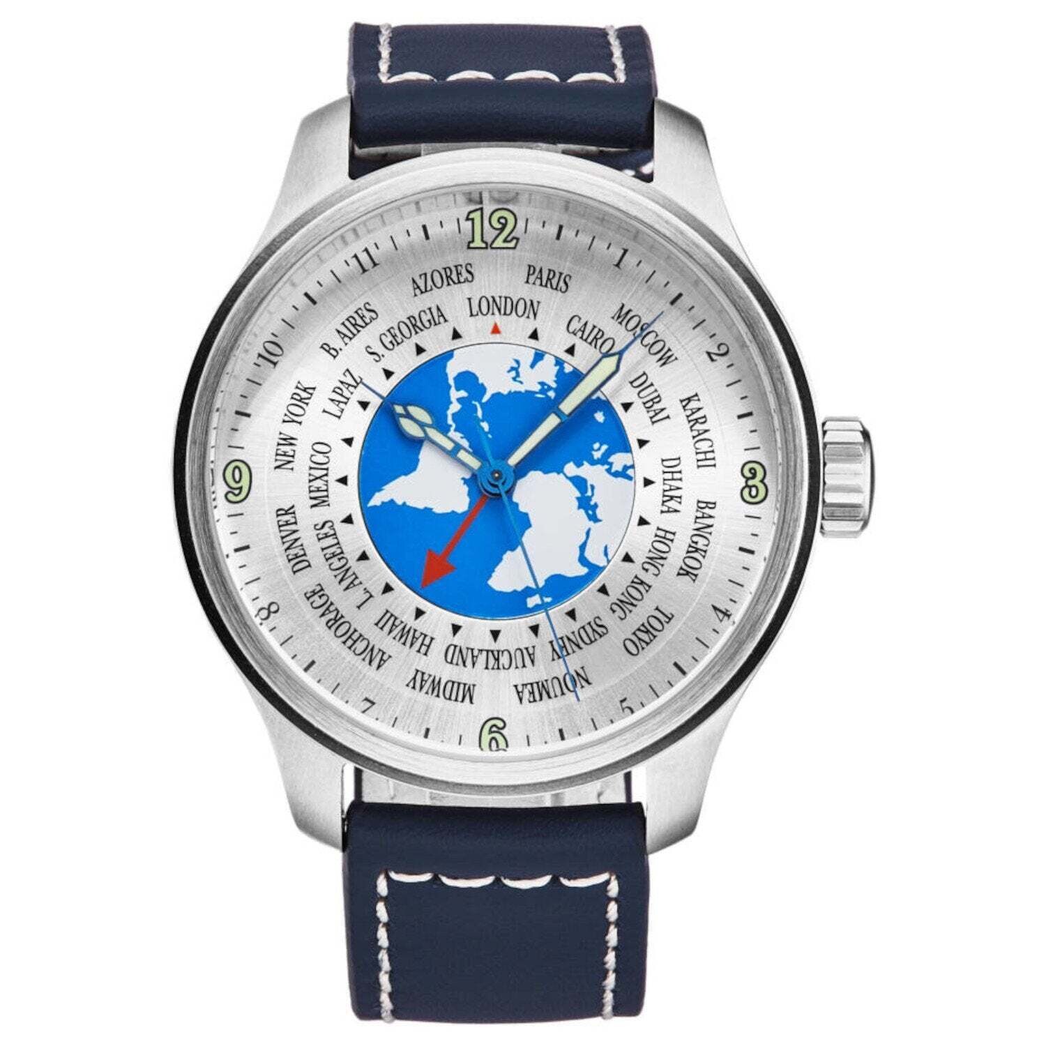 Zeno 8563WT-I2 Men's 'OS Retro Worldtimer 2' Silver Dial Blue Leather Strap Automatic Watch