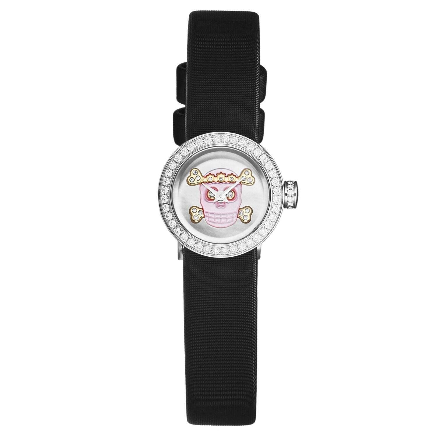 Christian Dior Women's CD040110A030 'La D De Dior Mini' Pink Skull Dial Diamond Bezel Black Satin Strap Swiss Quartz Watch