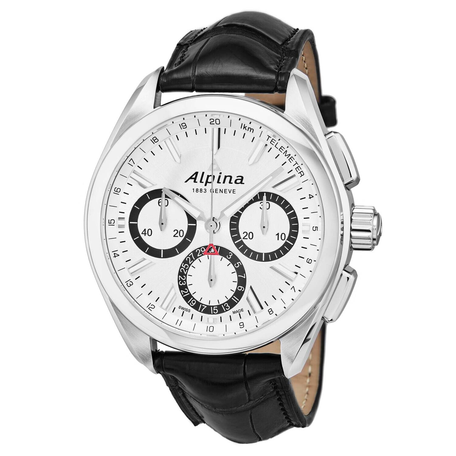 Alpina Men's AL-760SB5AQ6 'Alpina Flyback' Silver Dial Black Leather Strap Chronograph Swiss Automatic Watch