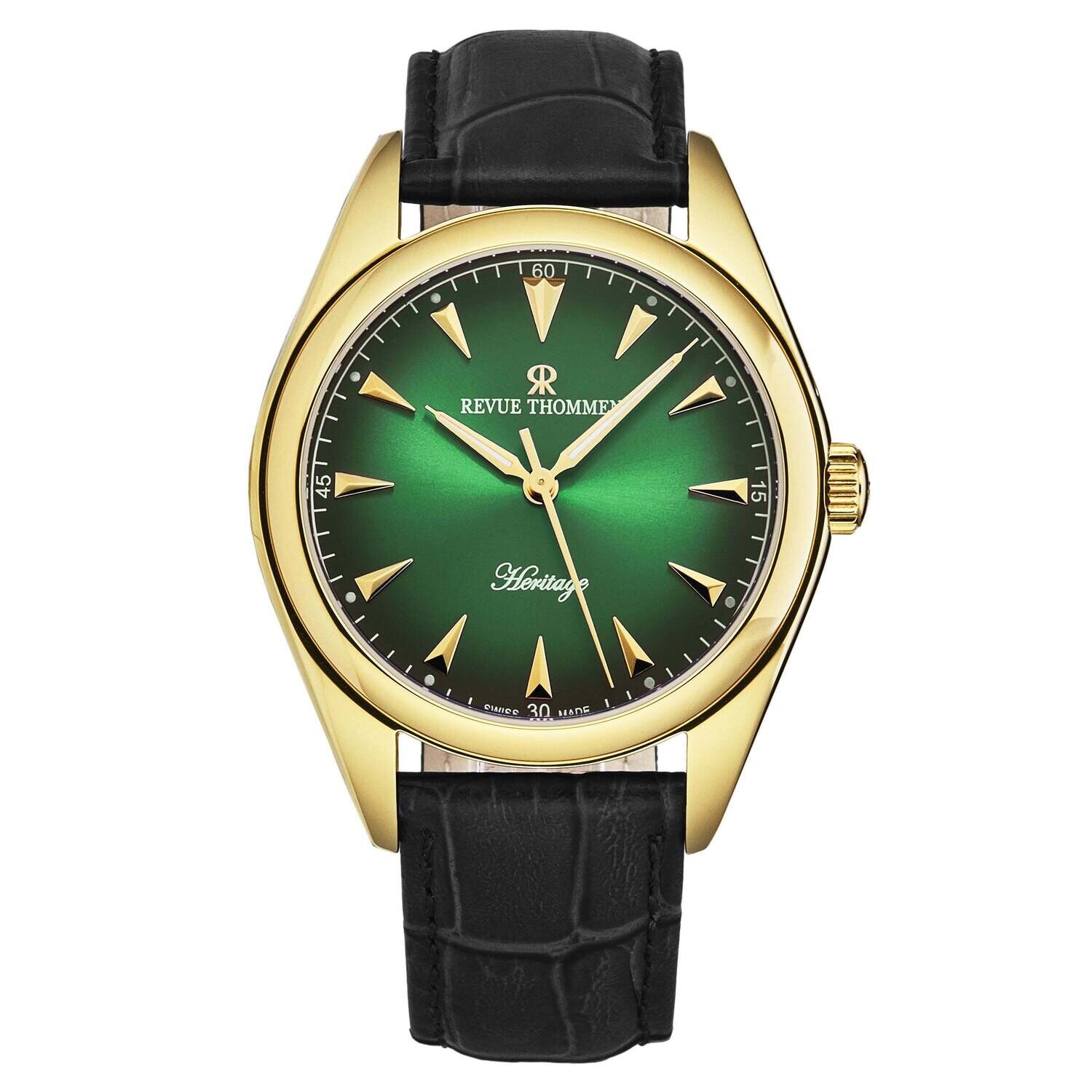 Revue Thommen Men's 'Heritage' Green Dial Black Leather Strap Automatic Watch 21010.2514