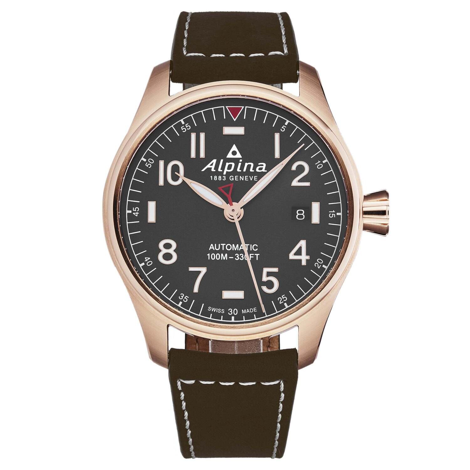 Alpina Mens 'Startimer Pilot' Grey Dial Brown Leather Strap Automatic Watch AL-525G3S4