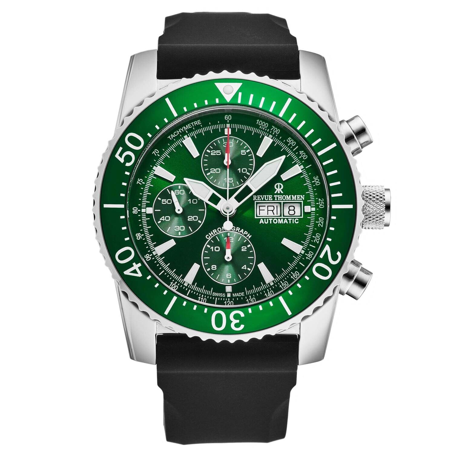 Revue Thommen Men's 17030.6532 'Divers' Green Dial Day-Date Chronograph Rubber Strap Automatic Watch