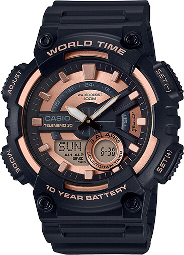 Casio Men's 'Telememo' Quartz Resin Casual Watch, Color:Black (Model: AEQ-110W-1A3V)