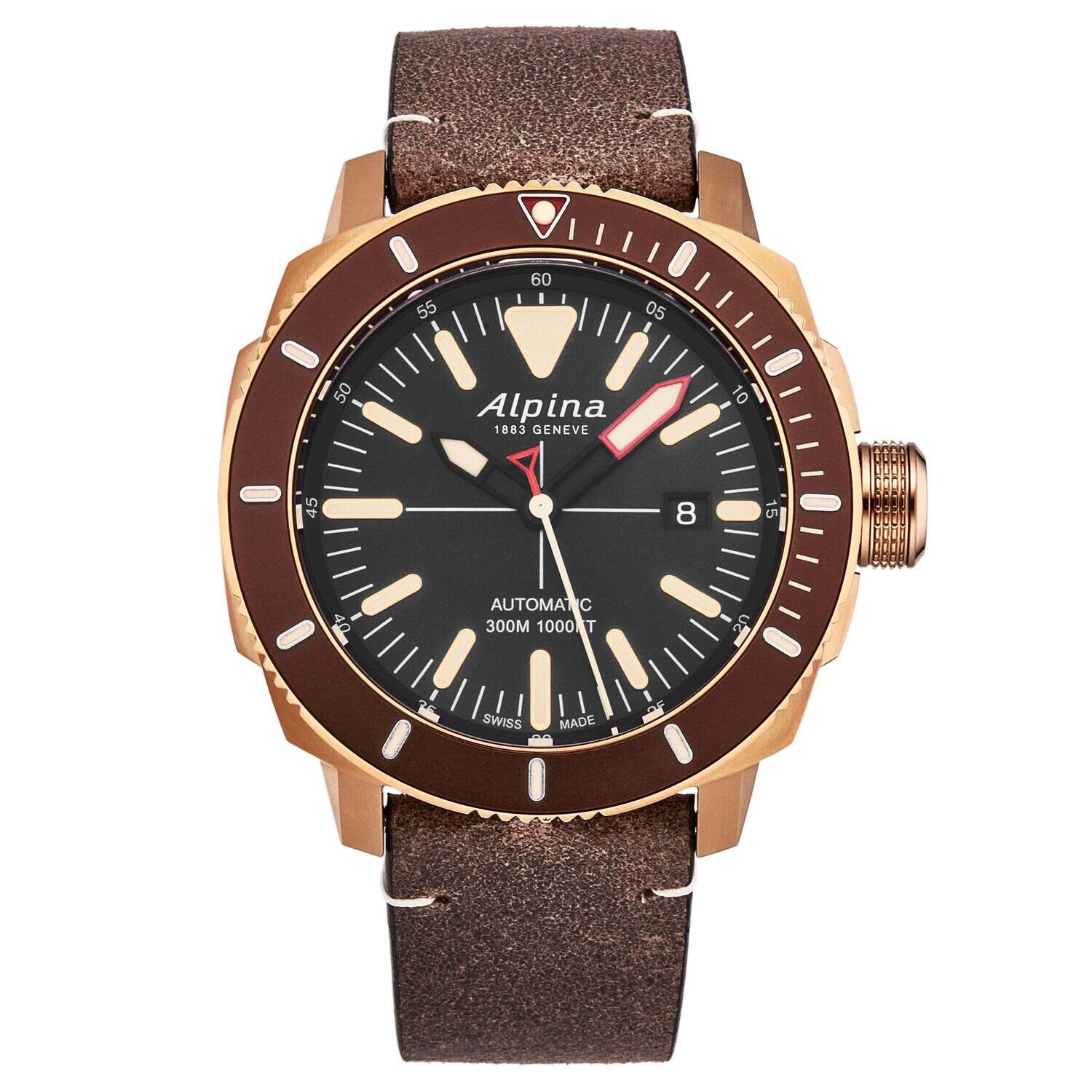 Alpina Men's AL525LBBR4V4 'Seastrong Diver' Black Dial Brown Leather Strap Automatic Watch