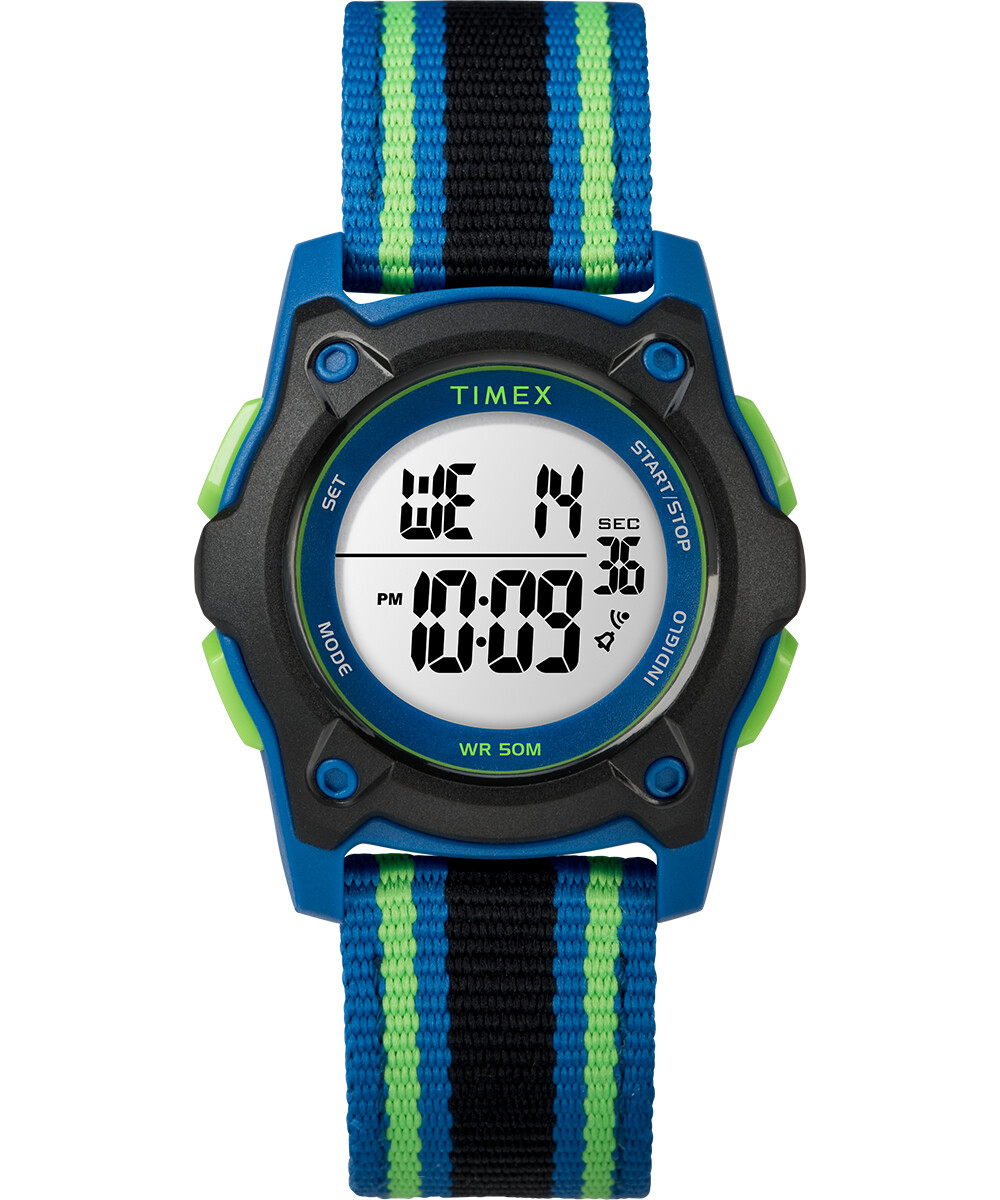 Timex TW7C26000 Youth Digital Blue/Green/Black Striped Nylon Strap Watch