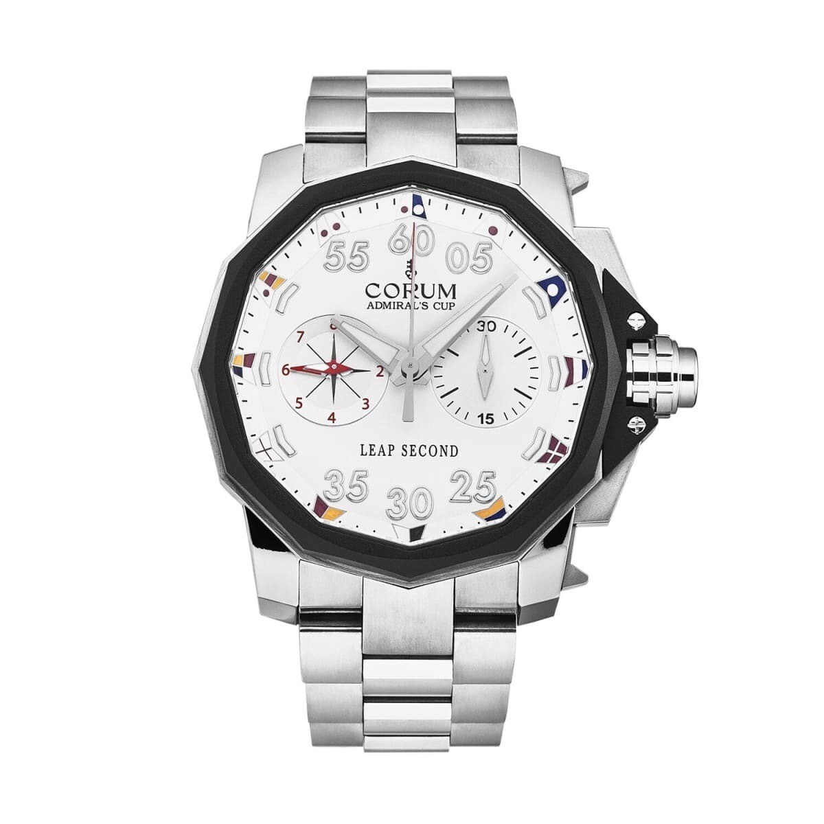 Corum Men's 'Admiral Cup' White Dial Stainless Steel Bracelet Titanium Leap Second Chronograph Automatic Watch A895/04303