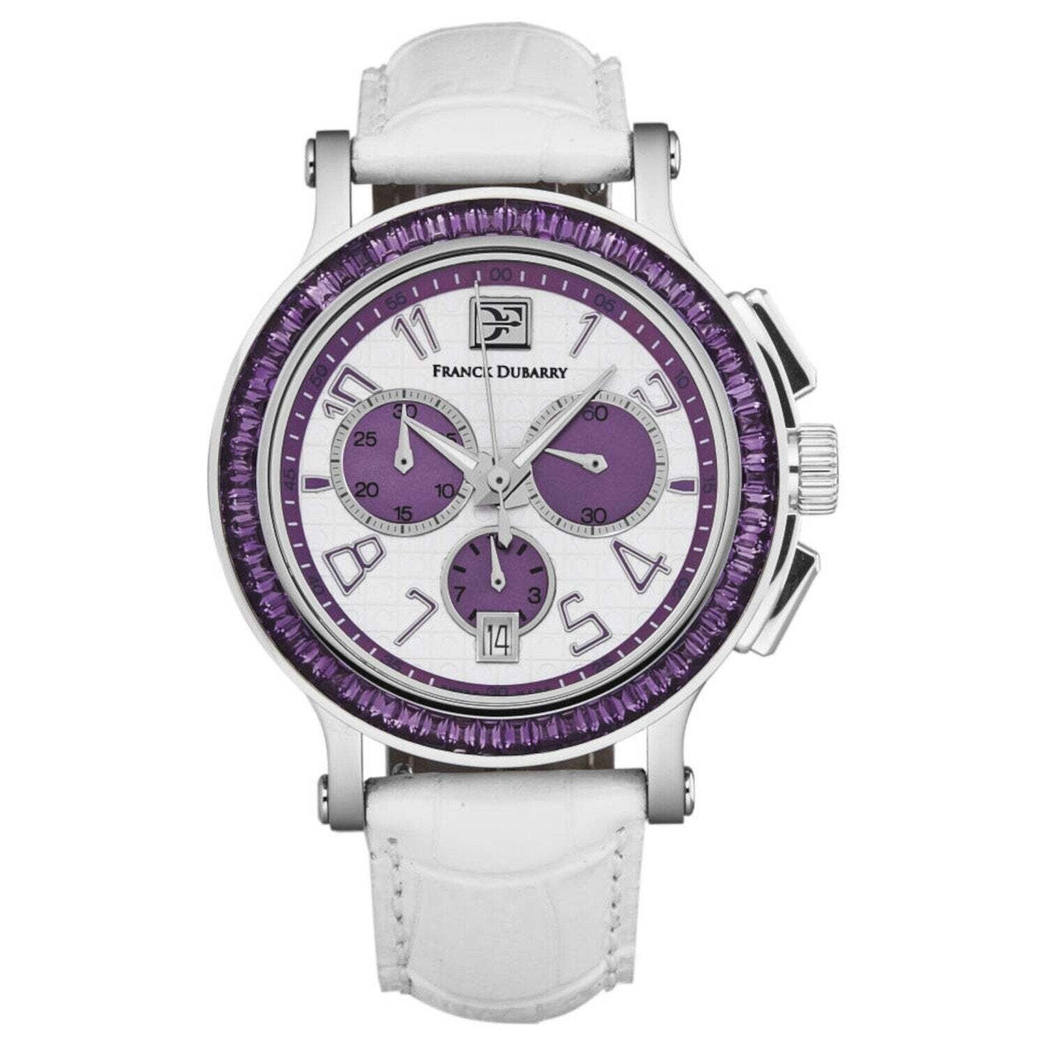 Franck Dubarry CC-02-03 Women's 'Crazy Colors' Chronograph White/Purple Dial White Leather Strap Swiss Quartz Watch