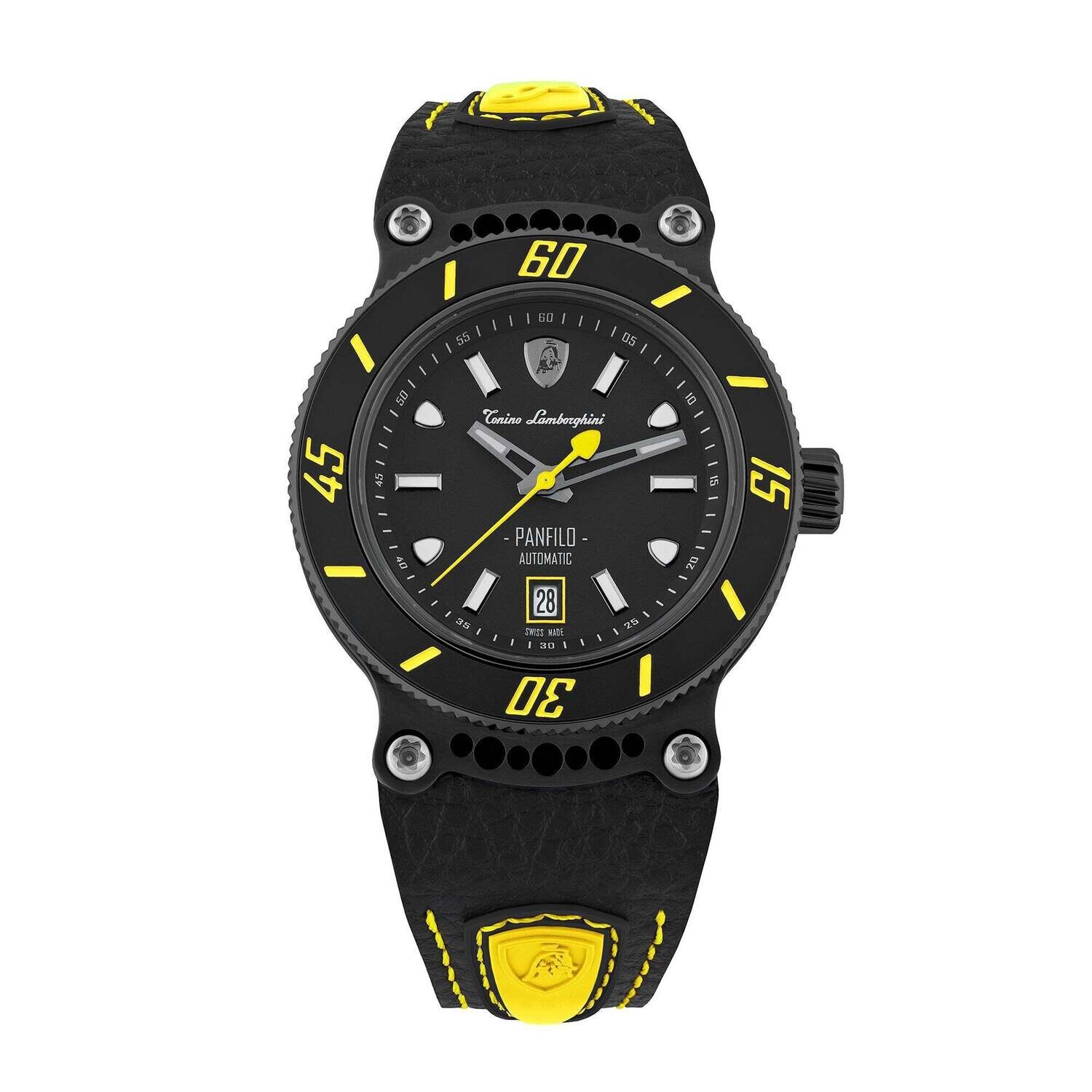Tonino Lamborghini Men's 'PANFILO' Black Dial Black Leather Strap Automatic Watch TLF-T03-5