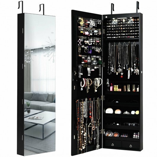 Wall and Door Mounted Mirrored Jewelry Cabinet with Lights-Black - Color: Black