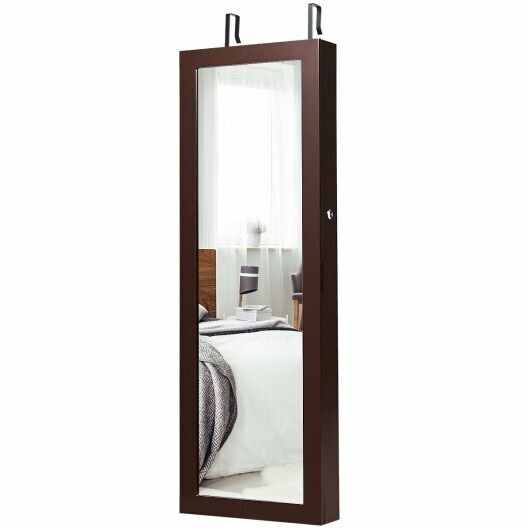 Lockable Wall Mount Mirrored Jewelry Cabinet with LED Lights-Brown