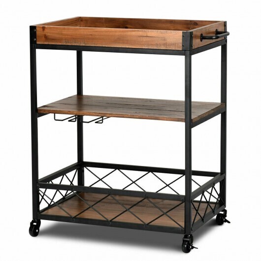 3 Tiers Industrial Bar Serving Cart with Utility Shelf and Handle Racks
