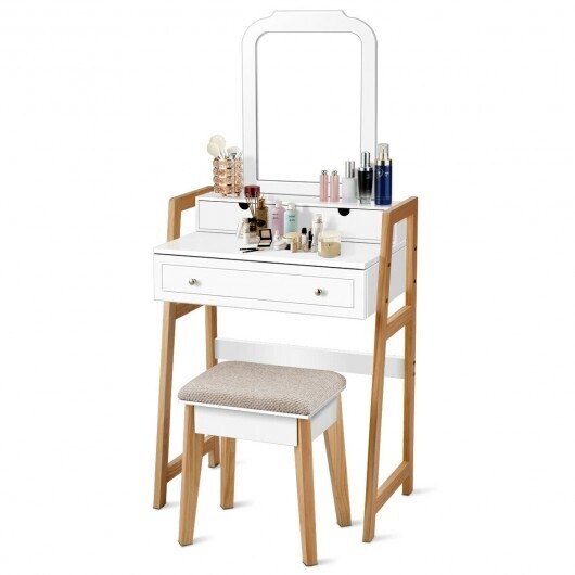 Vanity Table Set with Cushioned Stool and Large Mirror