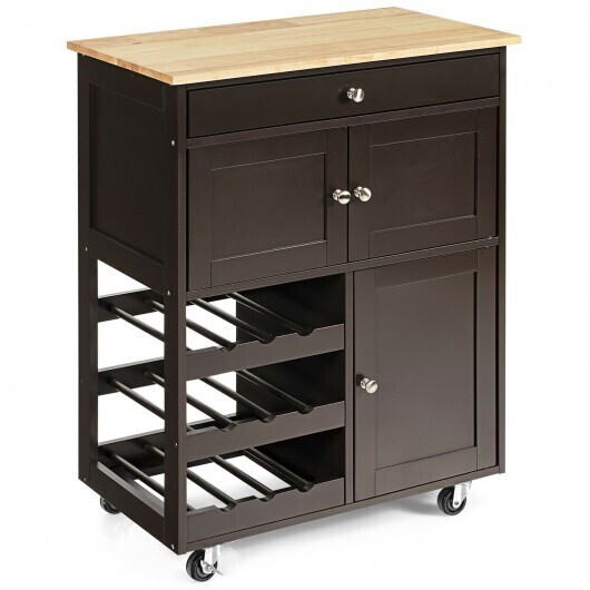 Kitchen Cart with Rubber Wood Top 3 Tier Wine Racks 2 Cabinets-Brown