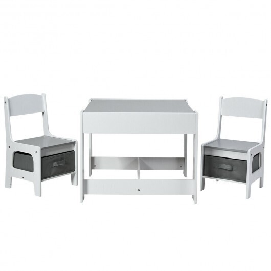 Kids Table Chairs Set With Storage Boxes Blackboard Whiteboard Drawing-White - Color: White