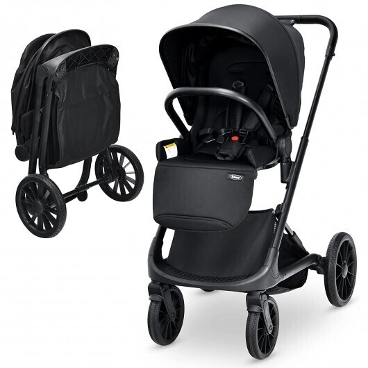 2-in-1 Convertible Baby Stroller with Oversized Storage Basket - Color: Black