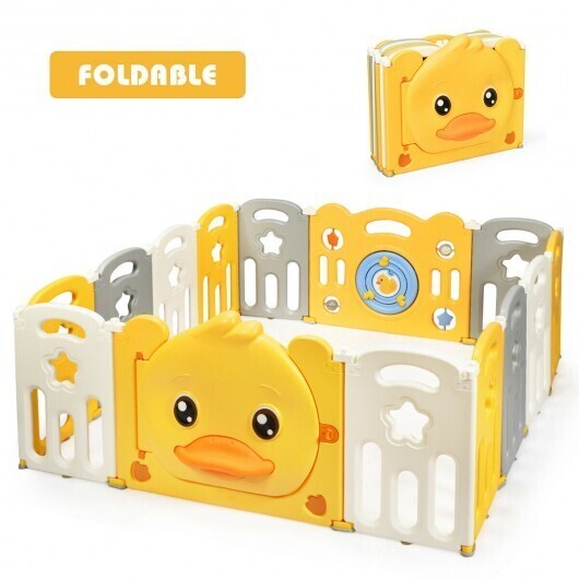 16-Panel Foldable Baby Playpen with Sound - Color: Yellow - Size: 16-Panel