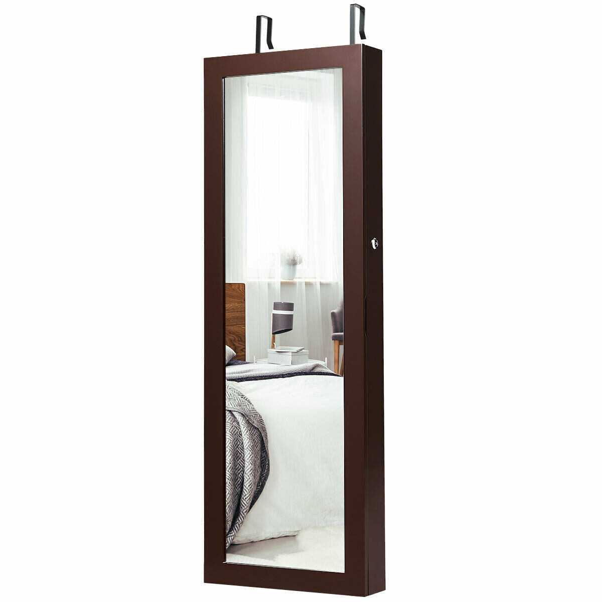 Lockable Wall Mount Mirrored Jewelry Cabinet with LED Lights-Brown - Color: Brown