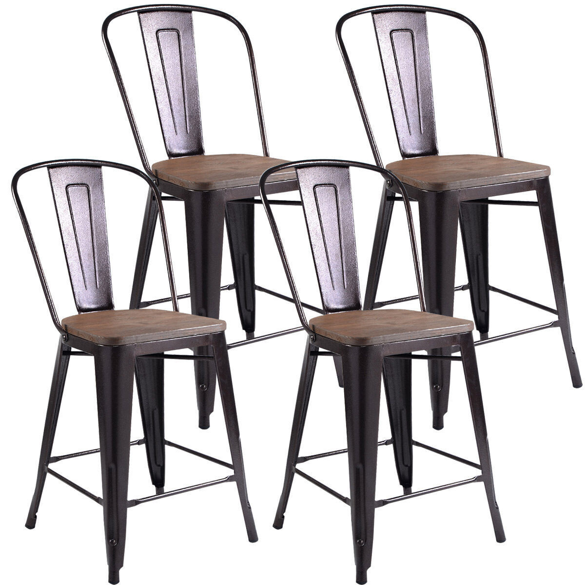 Set of 4 Industrial Metal Counter Stool Dining Chairs with Removable Backrests-Cooper - Color: Brown