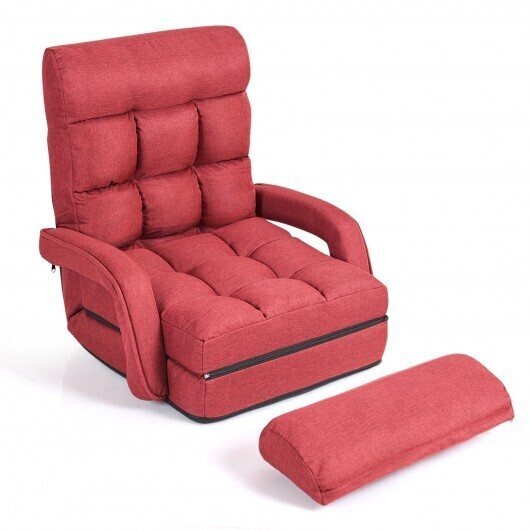 Folding Lazy Floor Chair Sofa with Armrests and Pillow-Red - Color: Red