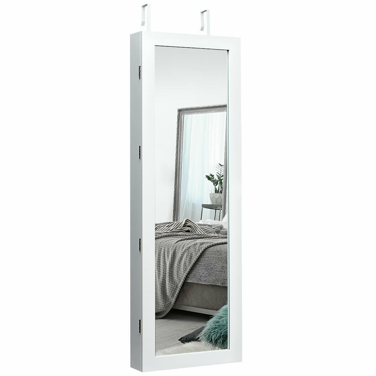 Lockable Wall Mount Mirrored Jewelry Cabinet with LED Lights-White - Color: White