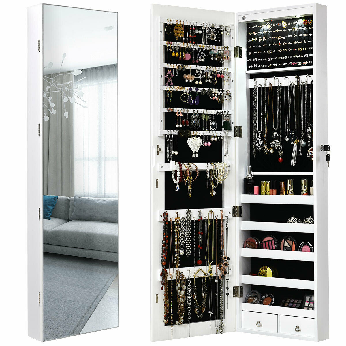 Wall and Door Mounted Mirrored Jewelry Cabinet with Lights-White - Color: White