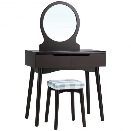 Dressing Table Vanity Makeup Set with Mirror Cushioned Stool Additional Storage-Brown - Color: Brown