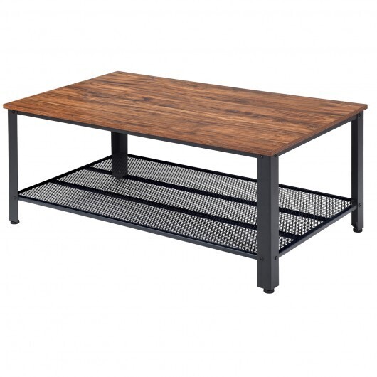 Metal Frame Wood Coffee Table Console Table with Storage Shelf-Brown - Color: Brown