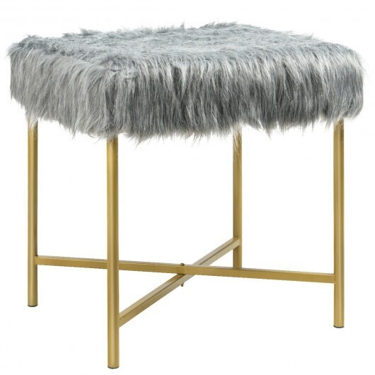 Faux Fur Ottoman Decorative Stool with Metal Legs - Color: Gray