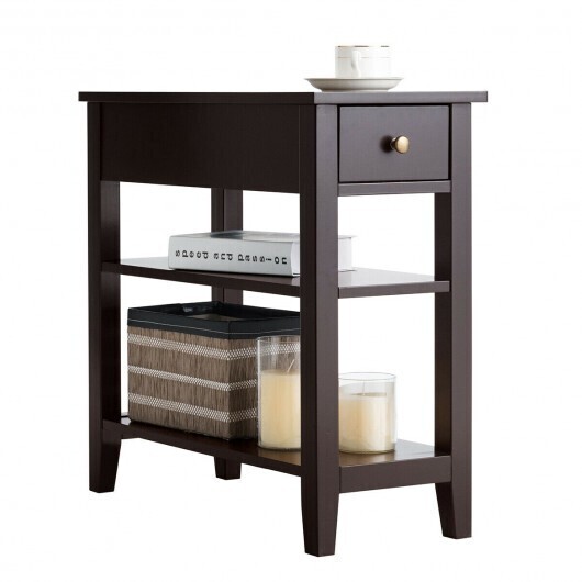 3-Tier Nightstand Bedside Table Sofa Side with Double Shelves Drawer-Coffee - Color: Brown