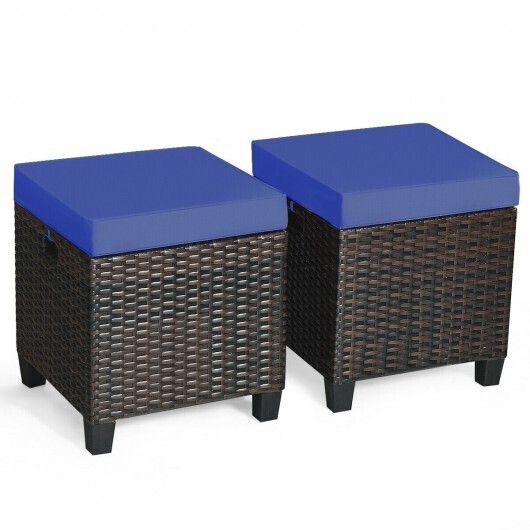 2PCS Patio Rattan Ottoman Cushioned Seat-Navy - Color: Navy