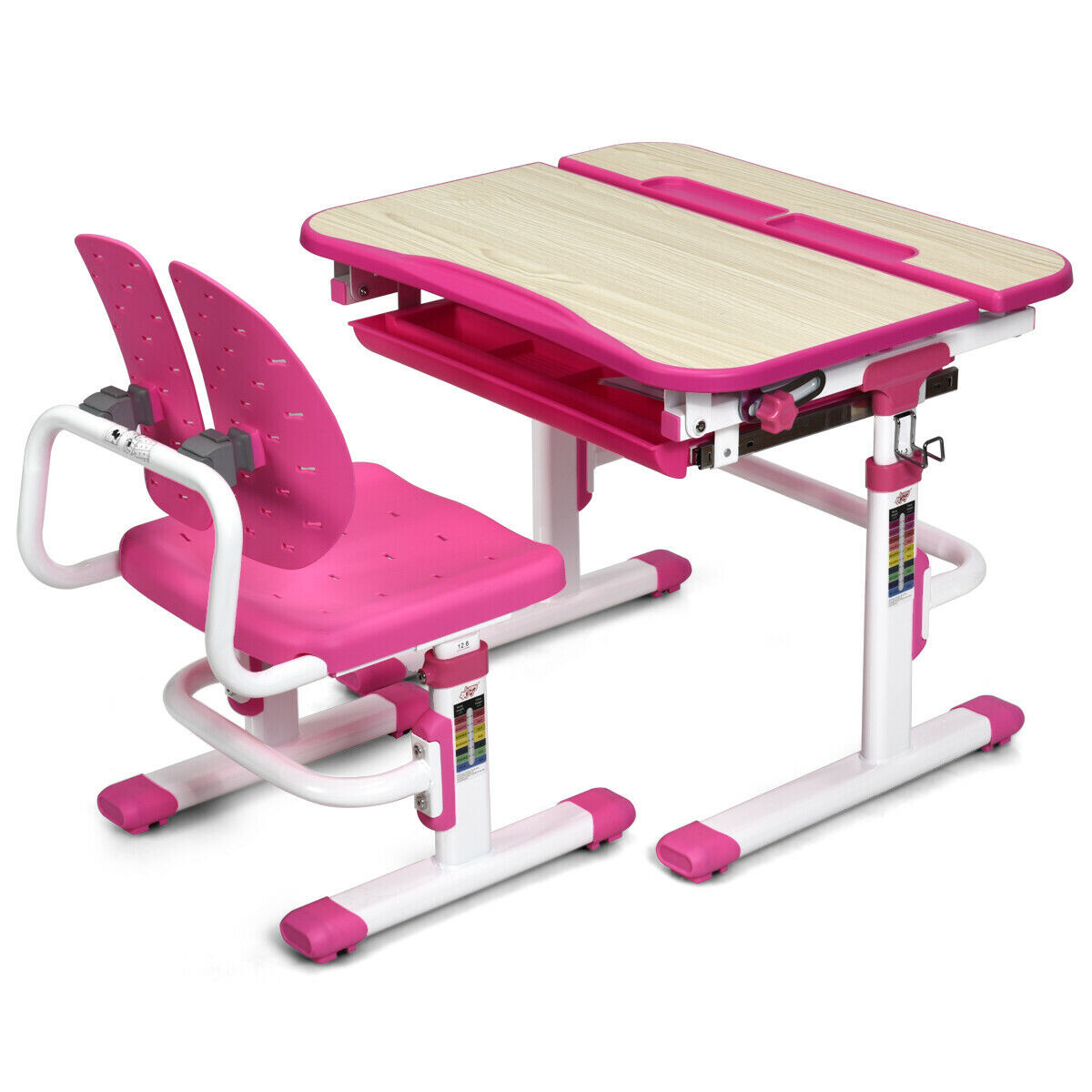 Height Adjustable Kids Study Desk and Chair Set-Pink - Color: Pink