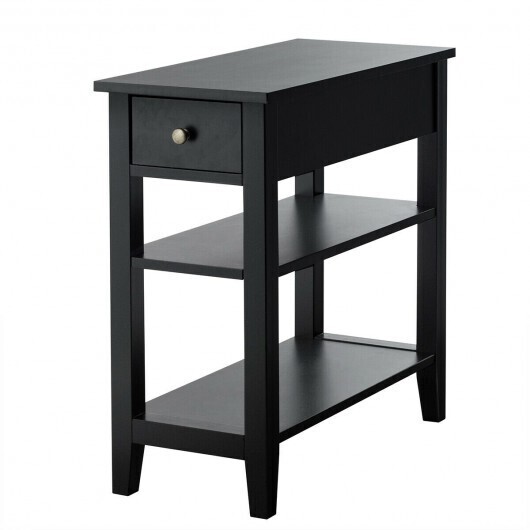 3-Tier Nightstand Bedside Table Sofa Side with Double Shelves Drawer-Black - Color: Black